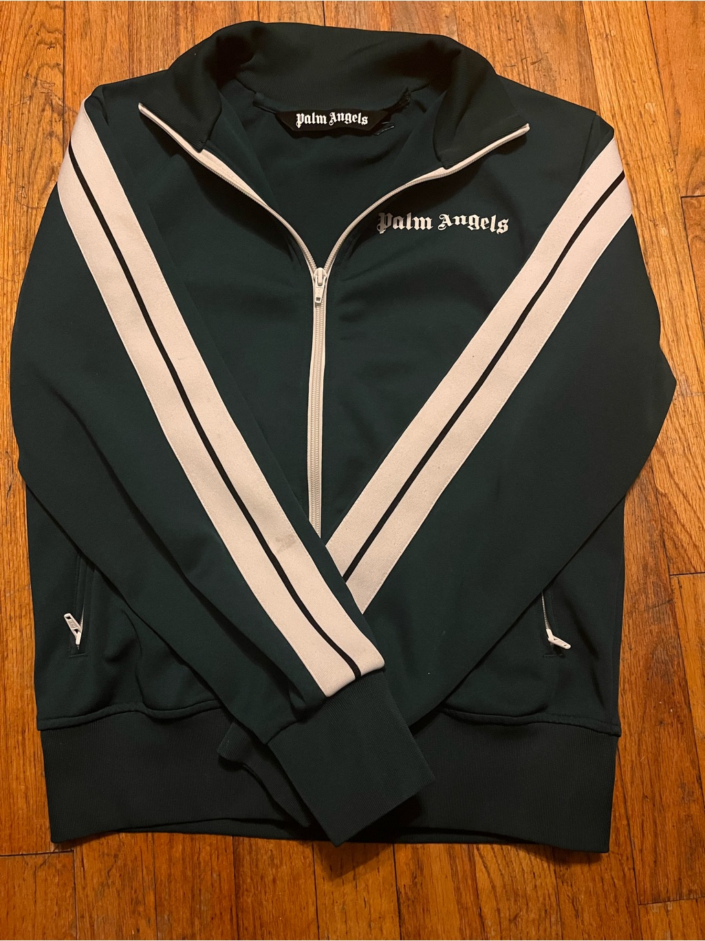 Palm Angels Dark Green Zip-Up Track Sweater With White V-Stripes
